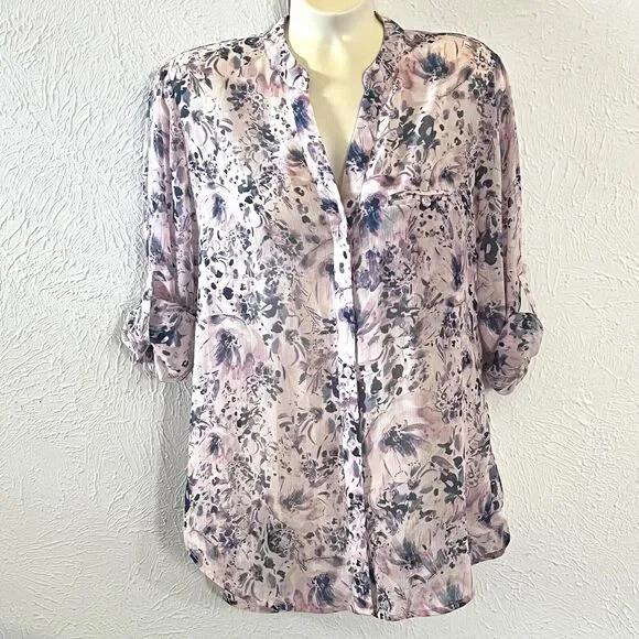 Kut from the Kloth Jasmine Pink Blue Floral Semi-Sheer Button Roll-Tab Blouse XS - Picture 1 of 10